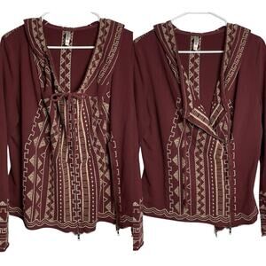 Monoreno Boho Embroidered Hoodie Jacket Womens L Burgundy Aztec Zip 2 Styles‎